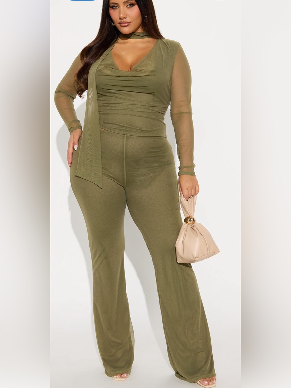 Fashion Nova Olive Green Wide-Leg Jumpsuit with Sheer Sleeves
